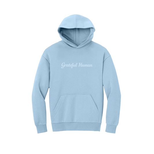 Light blue hoodie with 'Grateful Human' text on a white background